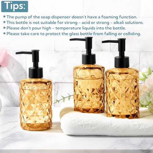 3 Pack Glass Soap Dispenser with Plastic Pump, 12oz Hand Soap Dispenser for Hand Wash, Lotion Dispenser for Dishwashing Liquid, Lotion Shower Gel - color: Orange Diamond*3