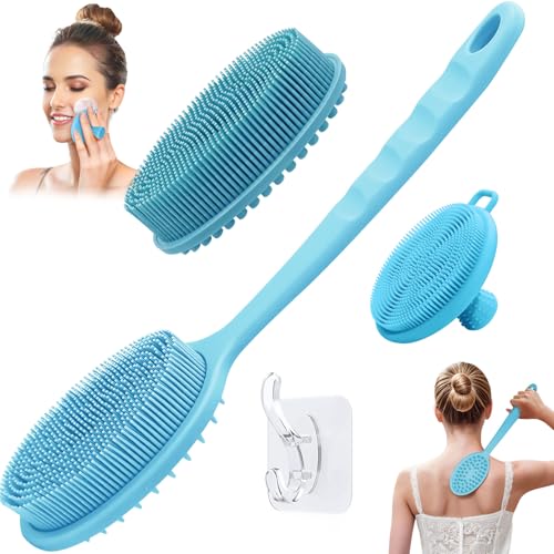 Silicone Face & Back Scrubber Set, Manual Face & Body Scrubber Exfoliator with Soft Bristles and Non-Slip Handle, Back Brush Bath Brush with 2 Detachable Brush Heads(3PCS Blue Set) - color: 3*blue Set