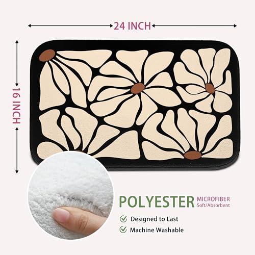 Boho Black and Beige Bath Mat | Black Floral Bathroom Rugs, Non Slip, 16x24 - color: Abtract Floral