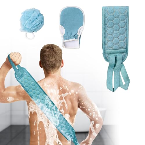 3 PCS Exfoliating Back Scrubber Strap Double Sided Bath Sponges Washer for Shower Deep Clean Towel, Blue - color: Blue