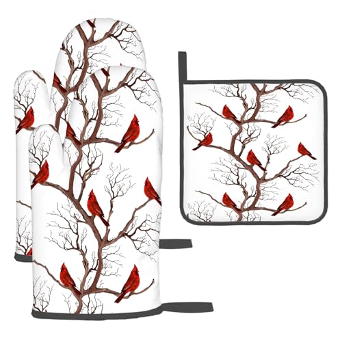 Winter Cardinal Birds Oven Mitts and Pot Holders Sets of 3 Kitchen Hot Pads Oven Gloves Heat Resistant Washable for Cooking Grilling Baking Christmas Holiday Kitchen Decor Cardinal Gifts for Women - color: Birds Cardinal