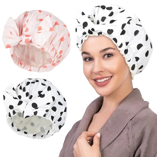 2Pcs Shower Caps for Women Shower Cap Reusable Waterproof Hair Cap for Shower with Adjustable Bowknot Luxury Bath Cap for Women (Black Dot & Pink Dot) - color: Black Dot & Pink Dot