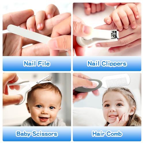 Baby Healthcare and Grooming Kit, 21 in 1 Portable Baby Essentials Kit with Gas Relief Hair Brush Comb Nasal Aspirator for Newborn Boys Girls (Grey White) - style: 21 Kits-Grey White