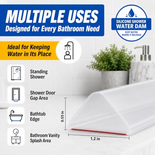 Shower Threshold Water Dam Barrier, 1.2 x 0.55 in, Transparent | Flexible silicone water barrier for showers, sinks, and countertops; choose the size, height, and color that fits your space. - color: Transparent, style: 0.55in x 67in