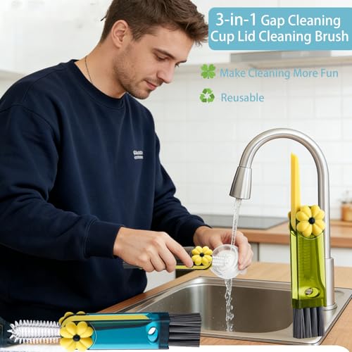 3 in 1 Cup Lid Gap Cleaning Brush, Cup Lid Brush, Multifunctional Water Bottle Cleaning Brush, Home Kitchen Crevice Brush Tools for Tiny Cup Lid Detail, Bottle Tight Spaces Cup(3 PCS) - color: Black, Green, Blue(3pcs)