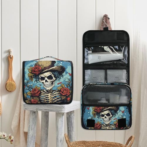 MNSRUU Hanging Toiletry Bag Gothic Skull Rose Travel Makeup bag for Toiletries Portable Travel Toiletry Organizer Cosmetic Bags with Hanging Hook - color: Skull I 4103