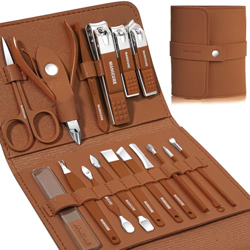 Manicure Set Professional Nail Clippers Pedicure Kit, 16 pcs Stainless Steel Nail Care Tools Grooming Kit with Luxurious Travel Leather Case for Thick Nails Men Women Gift (Brown) - color: Brown