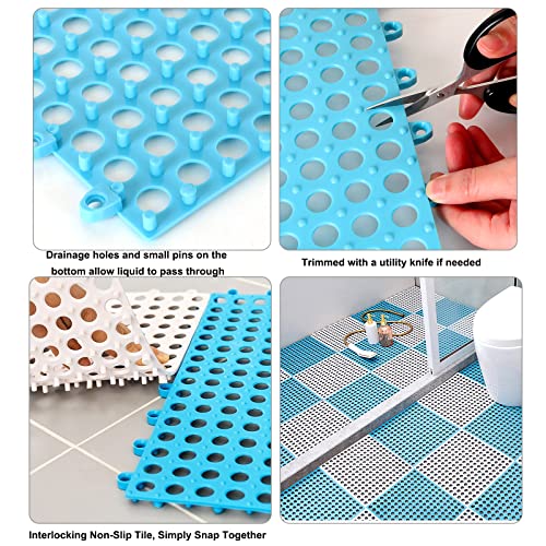 12 Pack 11.8" x 11.8" Interlocking Rubber Floor Tiles Drainage Mat, Soft PVC Non Slip Shower Floor Mat with Drain Hole for Flooring, Rubber Floor Mat for Pool, Patio, Balcony, Kennel, Basement - color: White+blue