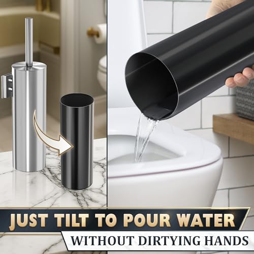 Silver Modern Toilet Brush and Holder Set with Wall Mount - Stainless Steel Toilet Brush with Holder - Removable Inner Bowl, Shiny Design, Splash Protection & Dense Bristles for Bathroom Cleaning - color: Silver Wall-mounted