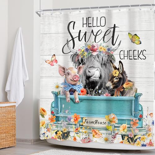 Newsely Highland Cow Farm Shower Curtains for the Bathroom, Cute Cow Chicken and Pig with Flowers on Truck Bathroom Set, Western Farmhouse Rustic Animals Funny Waterproof Bath Accessories 60Wx72H Inch - color: A-01cow, size: 60"W x 72"L (Pack of 1)