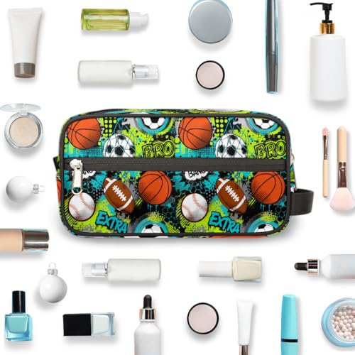 Kids Travel Toiletry Bag - Waterproof Hanging Cosmetic Hygiene Bags for Boys Men - Large Shave Kit for Toiletries Accessories Bathroom Stuff, Basketball Baseball Sports - color: Basketball Baseball Sports