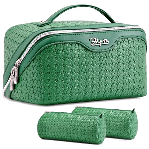 BOYATU Travel Makeup Bag Cosmetic Bags for Women: Large Capacity 3 Pcs Set Make up Bag with Compartments - Waterproof Vegan Leather Toiletry Organizer Bags with Handle (L38 Green) - color: L38 Green