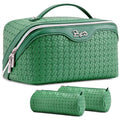 BOYATU Travel Makeup Bag Cosmetic Bags for Women: Large Capacity 3 Pcs Set Make up Bag with Compartments - Waterproof Vegan Leather Toiletry Organizer Bags with Handle (L38 Green) - color: L38 Green