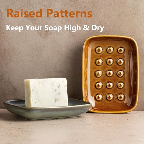 Miamolo Soap Dish for Shower, Ceramic Soap Dish for Bar Soap Sponge, Soap Holder Saver Tray for Bath Kitchen Sink Bathtub, Farmhouse Decor, Raised Pattern - Keep Soap Dry, Dark Brown - color: Dark Brown, size: Floating Point Design
