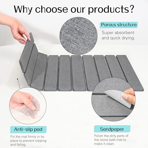 Cuckan 2 Pack Foldable Stone Bath Mats for Bathroom Super Absorbent Diatomaceous Earth Bath Mat Quick Dry Bath Rug Drying Mats with Non Slip Shower Rug Tub Shower Mat - color: Dark Gray, size: Rug 15x24" + Rug 15x32" + 2x Non-slip Mat