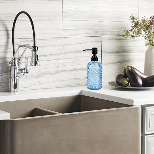 12Oz Glass Soap Dispenser with 304 Black Rustproof Stainless-Steel Pump, Refillable Glass Soap Dispenser for Kitchen, Bathroom, Farmhouse (Blue) - color: Blue
