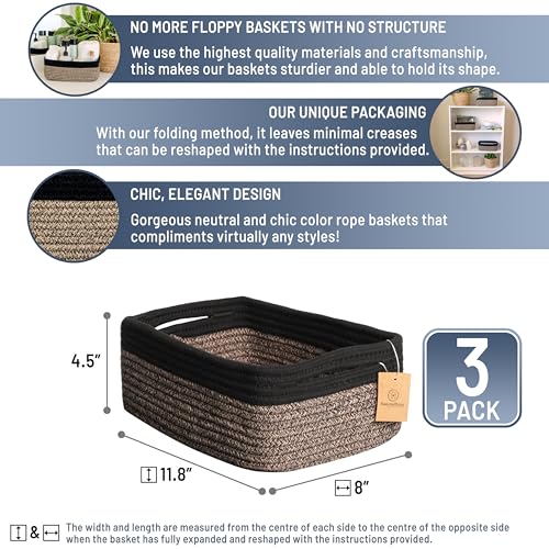 NaturalCozy 11.8"x8"x4.5” Rectangle Storage Baskets for Shelves 3 Pack | Cotton Rope Woven Small Baskets for Organizing | Small Storage Bins for Nursery, Bathroom, Closet, Shelf, Decorative, Gift - color: Black & Mixed Black, size: 11.8" x 8" x 4.5"