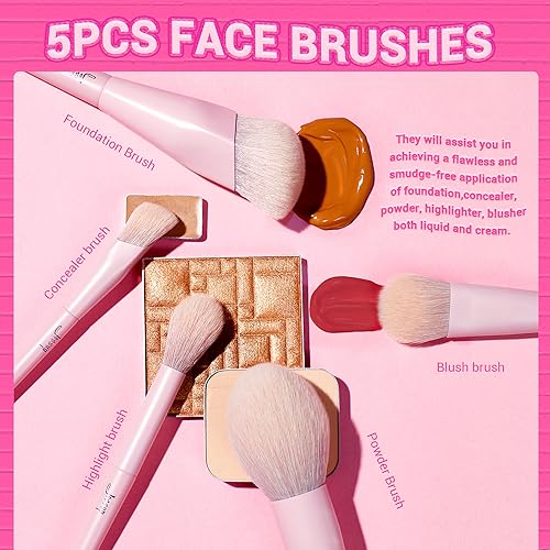 Jessup Pink Makeup Brushes Set 14Pcs Make up Brushes Premium Vegan Foundation Concealer Blush Eyeshadow Eyeliner Powder Highlighter Blending Face Brush Set, T495 - color: C-Pink-14pcs, size: Full Brush Set