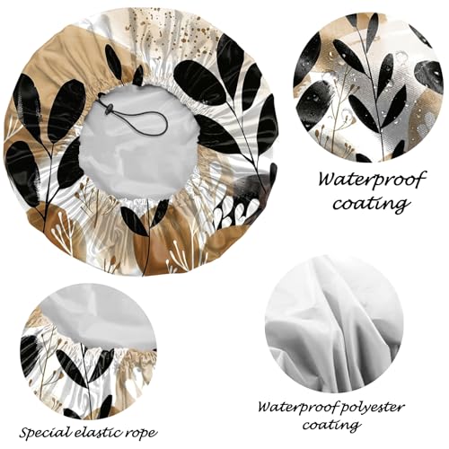 2 PCS Shower Cap Reusable Waterproof Adjustable Double Layer Elastic Dry Hair Bathing Caps Aesthetic Cute for Women Girls-Leaf Cowhide - color: H-17-Leaf Cowhide