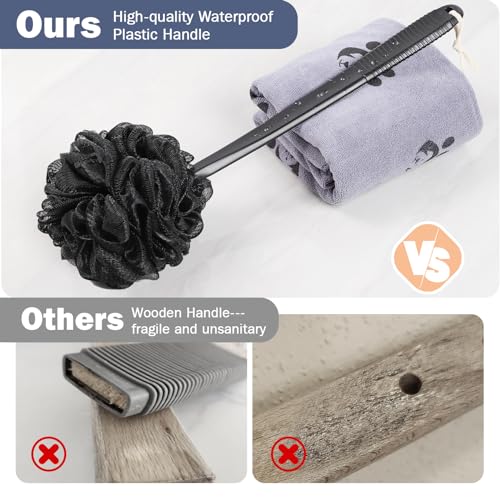 Non-Slip Back Scrubber with 17" Plastic Handle - Hand Shower Loofah & Loofah on a Stick Set, Black