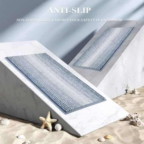 BSICPRO Bathroom Rugs Sets 3 Piece, Toilet Rugs U-Shaped Contour Bath Mat Set, Long Striped Absorbent Non Slip Chenille Shower Mat, Fog Blue - color: Fog Blue, size: 20"x47"+16"x24"+ U Shape 20"x24"