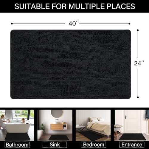 LOCHAS Luxury Bathroom Rug Shaggy Bath Mat 24 x 40 Inch, Washable Non Slip Bath Rugs for Bathroom Shower, Soft Plush Chenille Absorbent Carpets Mats, Black - color: Black, size: 2' X 3'4" (24''x40'')