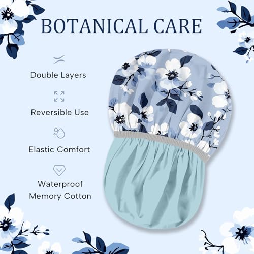 Years calm Shower Caps for Women Reusable Waterproof – Double Layer Elastic Cap with Tropical Botanical Print Shower Cap for Shower, Spa, Travel, Bath & Daily Hair Protection - color: Blue