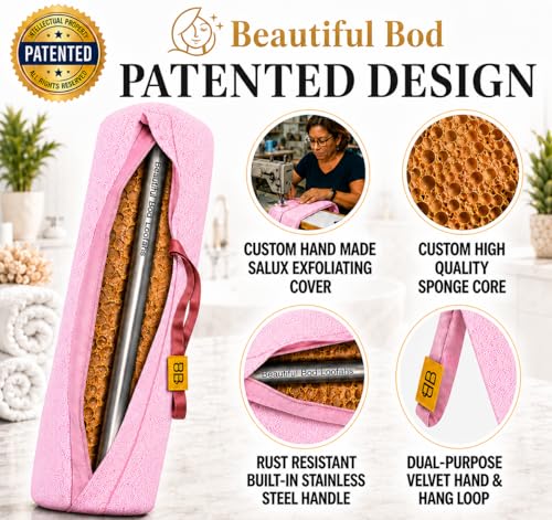 Back Scrubber for Shower - Beautiful Bod Patented 13-Inch Exfoliating Loofah with Built-in Handle, Easily Reaches Entire Back, Full Body Shower Scrubber for Back Washing, Exfoliation & Skin Smoothing - color: Bright Pink
