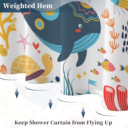 Fabric Shower Curtain with Hooks, Waterproof & Washable Polyester, Kids Funny Cute Ocean Whale Fish Shower Curtains for Bathroom, Summer Neutral Cartoon Animal Bathroom Curtain, 71x74 Inch - color: Cute Ocean Friends