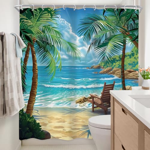Newsely Ocean Shower Curtain 60Wx72L Inch Beach Tropical Palm Tree Hawaiian Summer Coastal Nautical Scenery Sea Wave Plant Bathroom Set Botanical Waterproof Bath Decoration Accessories Home Decor - color: B-02beach, size: 60"W x 72"L (Pack of 1)