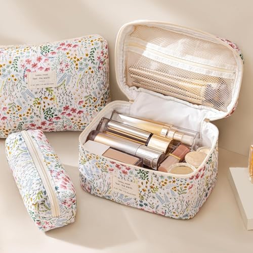 HBselect Quilted Makeup Bag, 3PCS Cotton Large Travel Makeup Bag, Cute Floral Coquette Make up Bag Cosmetic Bag Toiletry Bag for Women Girls - color: A-3PCS-Floral 41