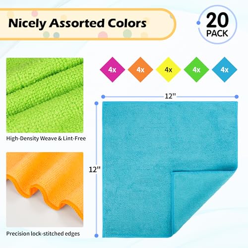 20 Pack Microfiber Cleaning Cloth, Lint-Free Car Wash Towels, All-Purpose Absorbent Cleaning Rags for Housekeeping, Dust Cloth for Office, Mechanic, Automotive, 5 Colors - color: Green, Orange, Blue, Yellow, Pink
