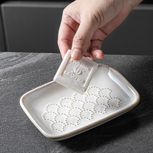 Gomakren Ceramic Soap Dish Bar Soap Holder for Bathroom Kitchen Sink Beige | Keeps soap dry & long-lasting, raised scalloped design, non-slip base, easy to clean, versatile tray counter storage & decor - color: Beige, size: Scalloped