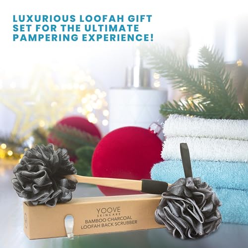 Bamboo Charcoal Infused Back Scrubber - Loofah with Handle | Exfoliating Shower Loofah for Men & Women - Features 1 Loofah on a Stick, 1 Loofa Pouf; Includes Hook (Black) - style: Black