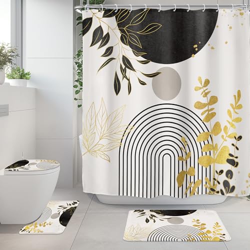 Riyidecor Boho Black Gold 4Pcs Shower Curtain Set with Toilet Lid Cover and Non-Slip Rugs, Mid Century Modern Minimalist Bathroom Decor Set，Abstract Contour and Bath Mat with 12 Hooks - color: 03black Gold