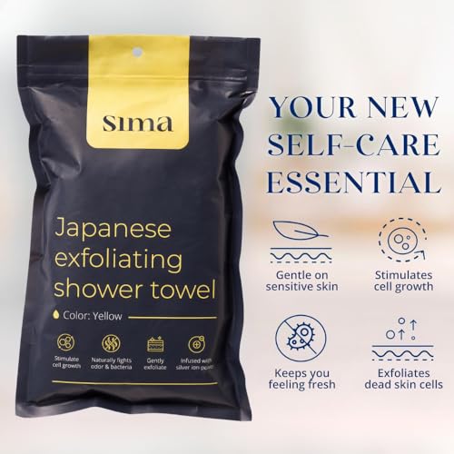 Sima Brand Exfoliating Washcloth Face & Body Scrub Towel - Japanese Exfoliating Towel with Hexagon Fibers, Body Scrubber with 2 Sides for Scrubbing & Washing, Extra Long Body Towels (Yellow) - color: Yellow