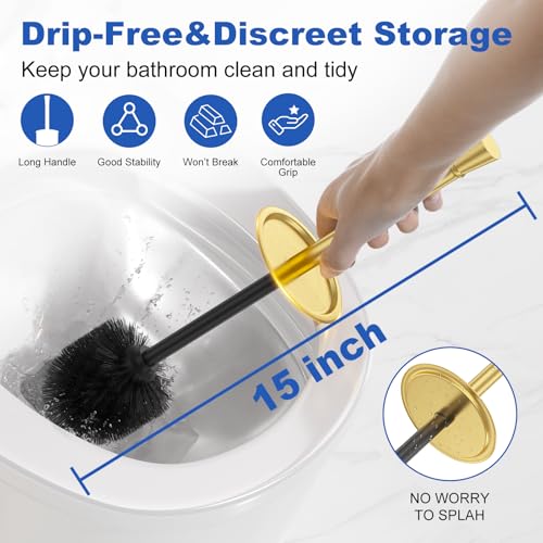 Toilet Brush and Holder Set：304 Stainless Steel Heavy Duty Toilet Bowl Brush，Removable Inner Bowl and Splash Protection，Bathroom Toilet Brush-Dense Bristles for Through Cleaning - color: Gold