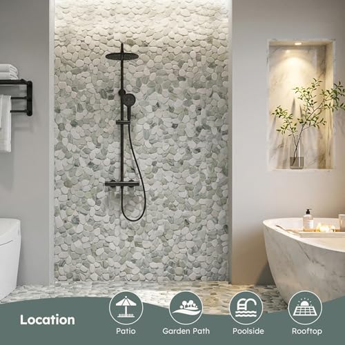 Diflart Natural Pebble Stone Tile for Shower Floor, Emerald Green Oval, 4 Sheets, Sliced Pebble Mosaic Backsplash for Kitchen Bathroom Floor and Wall Tile - color: Emerald Green, size: 11.7x11.7 Inch