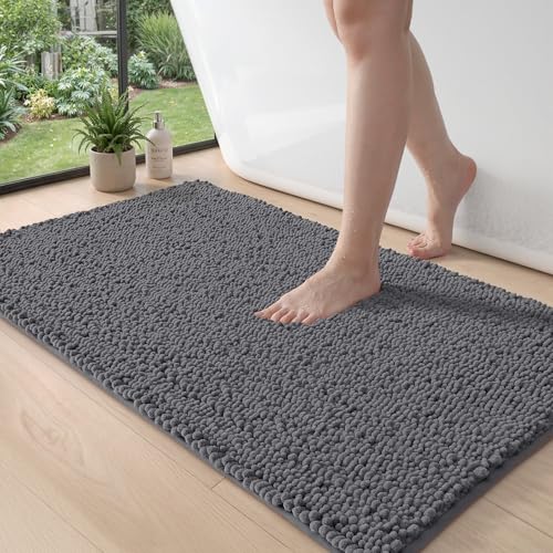DEXI Bathroom Rugs 43x24, Super Soft Thick Chenille Absorbent Bath Mat, Non Slip Machine Washable Fluffy Shag Bathmat for Sink, Tub, Shower Floor, Grey - color: Grey, size: 43" X 24" (Rectangular)