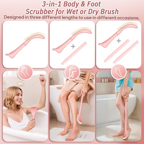 New Foot Brush with Extra-Long Handle, 3-in-1 Foot Scrubber for Wet or Dry Brushing, Adjustable 10.2’’- 27.5’’Foot Scrub Brush for Senior, Pregnant, Disabled, or Injured, Gift-Box Packed(Pink) - color: Pink
