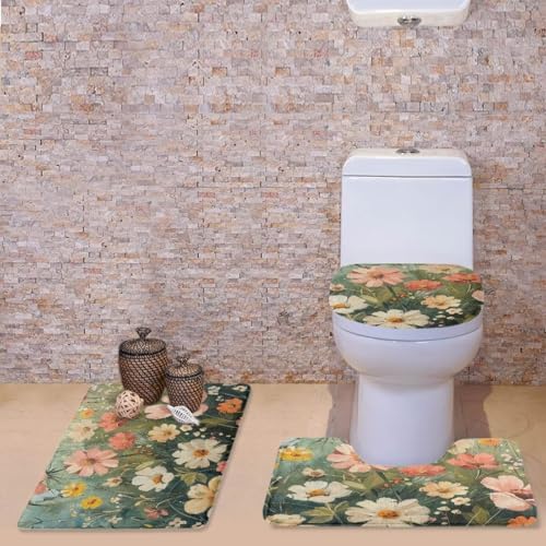 Floral Print Bathroom Rugs Sets 3 Piece Toilet Cover and Rug Set Toilet Seat Cover and Rug Set Toilet Lid Cover with Non-Slip Bottom Toilet Lid Cover Set with U-Shaped Rug - color: Floral Print