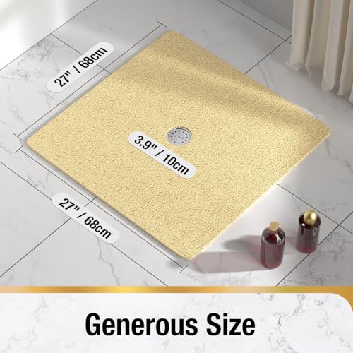 HITSLAM Square Shower Mat, 27 x 27 Inch Non Slip Bath Mat for Tub, Soft PVC Loofah Bathtub Mats with Drain Holes, Quick Drying Bathroom Stall Floor Mat, Bathroom Accessories Without Suction Cup, Beige - color: Beige, size: 27" x 27" (Square)