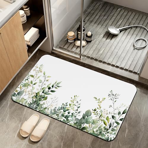 Non Slip Bath Mat, Watercolor Eucalyptus Leaves Bathroom Decor, Green Branches Diatomaceous Bath Mat Quick Dry Absorbent Bathroom Rugs-Shower Rug for Kitchen Laundry Bathtub Shower 17"x29.5" - color: Watercolor Eucalyptus Leaves, Green Branches