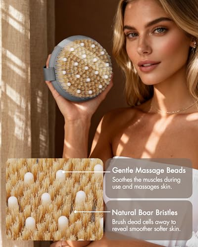 Dry Brushing Body Brush for Massage - Natural Boar Bristle Exfoliating Brush with Massage Nodes for Lymphatic Drainage, Cellulite, Blood Circulation Improving Skin Health for Women Men Elderly(Grey) - size: Round 4.3 in-Grey