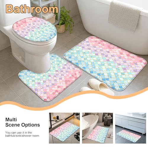4Pcs Pink Mermaid Scales Shower Curtain Set with Rugs, Sparkly Iridescent Patterns, Underwater Ocean Bathroom Decor, Machine-Washable Fabric, with 12 Pcs Hooks，71 x 71in