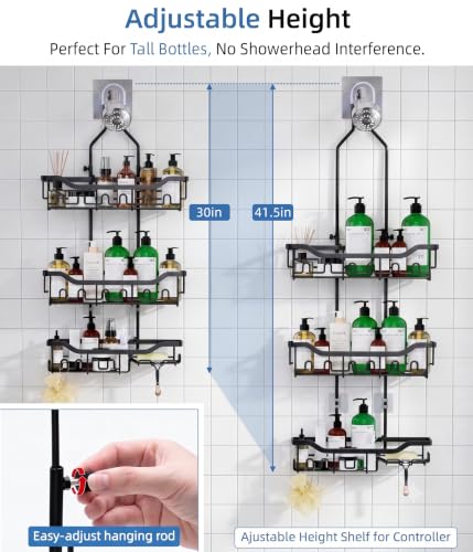 Adjustable Shower Caddy Hanging, Extended Length Organizer Over Shower Head, 3 Tier Long Neck Shower Rack with Soap Holder for Large Storage, Black - color: Black - 3 Tier - Standard
