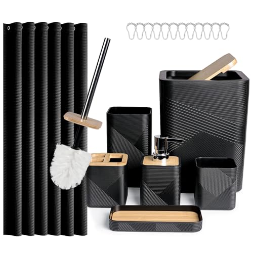 CERBIOR Bathroom Accessory Set with Shower Curtain, Includes Shower Curtain,Soap Dispenser, Toothbrush Holder, Toothbrush Cup, Soap Dish for Decorative Countertop and Housewarming Gift,Black,20PC - size: Bath Set+Shower Curtain, style: Black