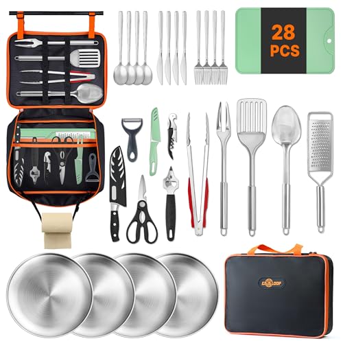 Gaialoop Portable Camping Cooking Utensils Set, Camp Kitchen Set with Organizer Bag, RV Essentials Outdoor Cooking Utensil Kit for Travel, Picnics, Camping, BBQs, Parties - style: 28pcs