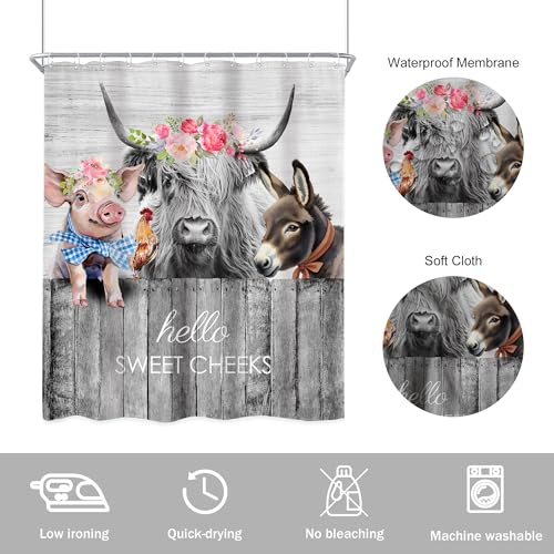 Newsely Highland Cow Farm Animals Shower Curtains for the Bathroom, Cute Cow Chicken and Pig with Flowers on Fence Bathroom Set, Western Farmhouse Rustic Funny Waterproof Bath Accessories 60Wx72H Inch - color: A-02cow, size: 60"W x 72"L (Pack of 1)