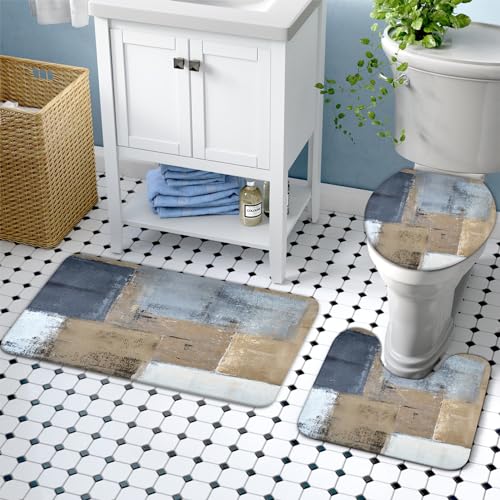 Lnond 4Pcs Bathroom Shower Curtain Sets with Rugs,Brown and Blue Painting Art Bathroom Sets with Shower Curtain and Rugs and Accessories - color: Blue Grey White Abstract-01